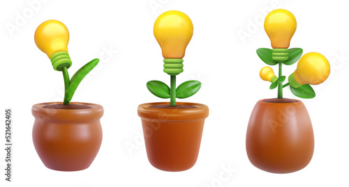 Set light bulb in pot isolated on white background. Green ecology alternative energy concept design. Creative abstract composition in 3d realistic minimal style. Cartoon modern vector illustration.