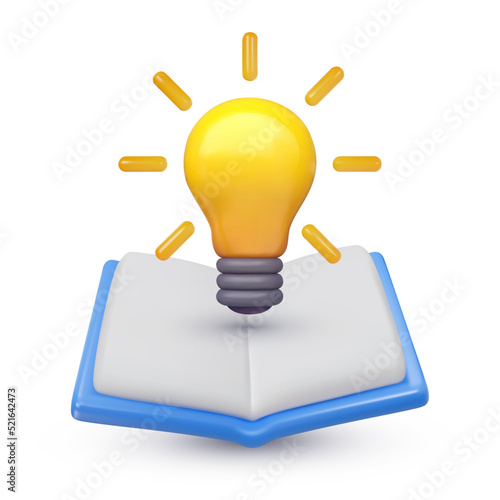 Open book with lightbulb isolated on white background. 3d realistic vector illustration in minimal modern cartoon style. Creative glossy plastic concept design. Decorative trendy composition.