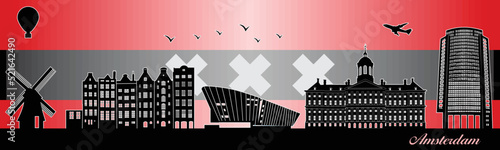 Amsterdam city skyline silhouette - illustration, 
Town in flag of Amsterdam background