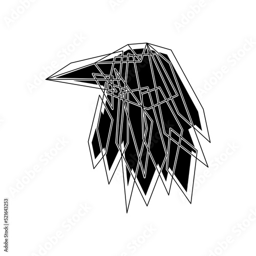 Raven head tattoo. Black and white crow geometric tattoo. Isolated on a white background. Vector illustration.