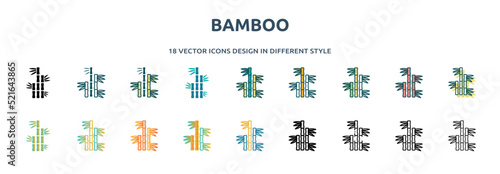 bamboo icon in 18 different styles such as thin line, thick line, two color, glyph, colorful, lineal color, detailed, stroke and gradient. set of bamboo vector for web, mobile, ui
