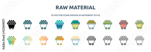 raw material icon in 18 different styles such as thin line, thick line, two color, glyph, colorful, lineal color, detailed, stroke and gradient. set of raw material vector for web, mobile, ui
