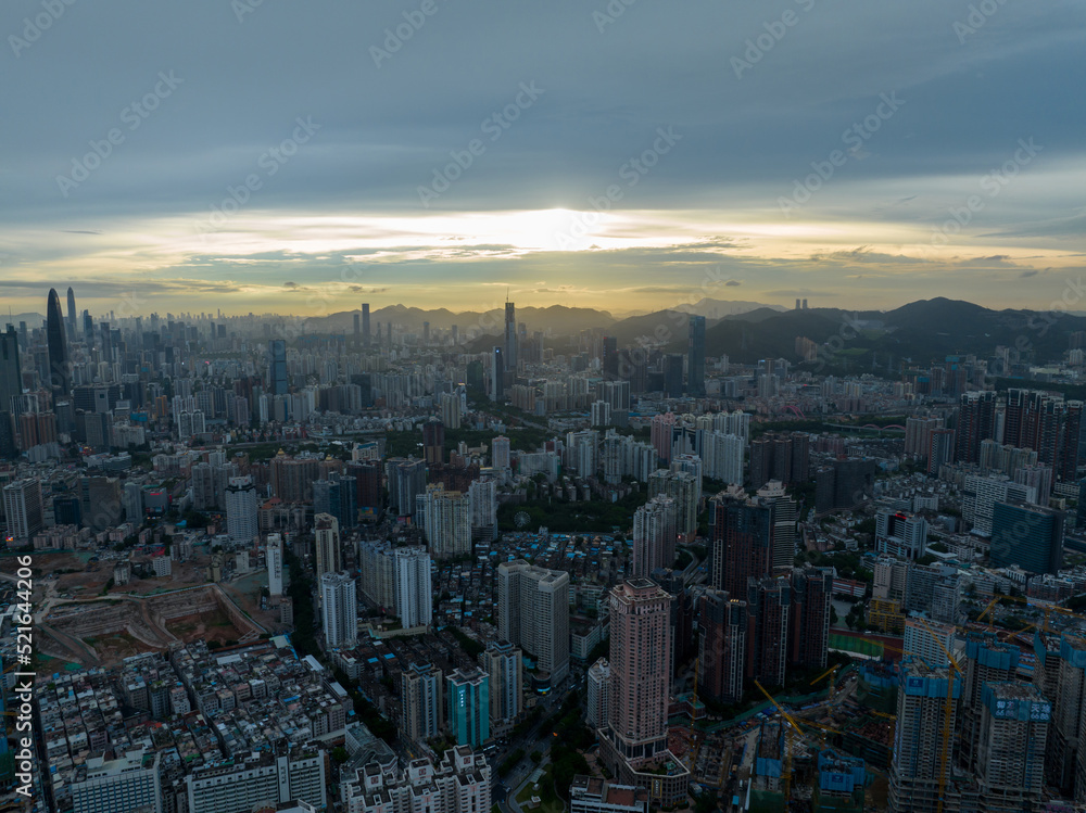 Shenzhen ,China - Circa 2022: Aerial view of beautiful landscape in downtown of shenzhen city, China