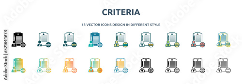 criteria icon in 18 different styles such as thin line, thick line, two color, glyph, colorful, lineal color, detailed, stroke and gradient. set of criteria vector for web, mobile, ui