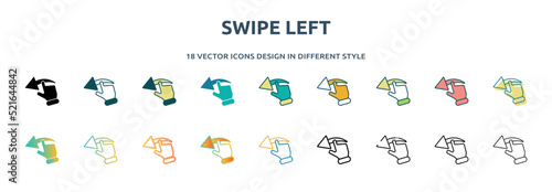 swipe left icon in 18 different styles such as thin line, thick line, two color, glyph, colorful, lineal color, detailed, stroke and gradient. set of swipe left vector for web, mobile, ui