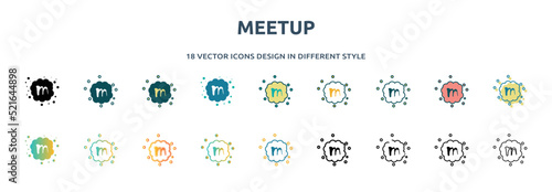 meetup icon in 18 different styles such as thin line, thick line, two color, glyph, colorful, lineal color, detailed, stroke and gradient. set of meetup vector for web, mobile, ui