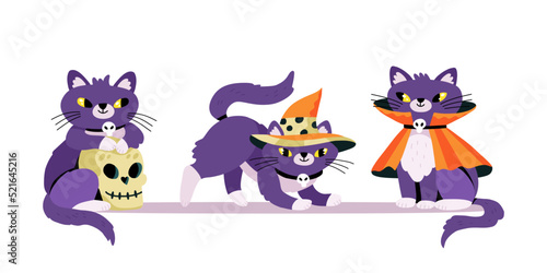Set of cute halloween cats. Playing with a skull, wearing a witch hat and a wizard cloak. Expressive animal characters. Flat hand-drawn cartoon vector illustration © fakeglue
