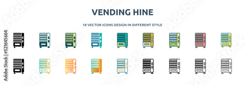 vending hine icon in 18 different styles such as thin line, thick line, two color, glyph, colorful, lineal color, detailed, stroke and gradient. set of vending hine vector for web, mobile, ui
