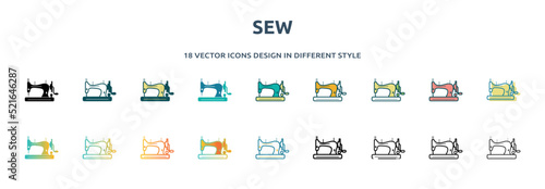sew icon in 18 different styles such as thin line, thick line, two color, glyph, colorful, lineal color, detailed, stroke and gradient. set of sew vector for web, mobile, ui