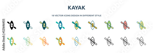 kayak icon in 18 different styles such as thin line, thick line, two color, glyph, colorful, lineal color, detailed, stroke and gradient. set of kayak vector for web, mobile, ui