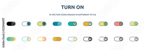 Fotografia turn on icon in 18 different styles such as thin line, thick line, two color, glyph, colorful, lineal color, detailed, stroke and gradient