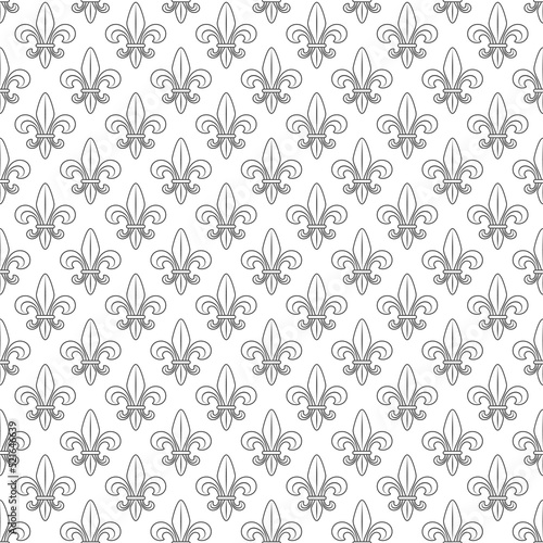Black and white seamless pattern with fleur de lis, heraldic lily. Vector background on white.