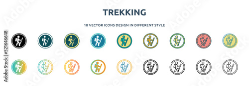 trekking icon in 18 different styles such as thin line, thick line, two color, glyph, colorful, lineal color, detailed, stroke and gradient. set of trekking vector for web, mobile, ui