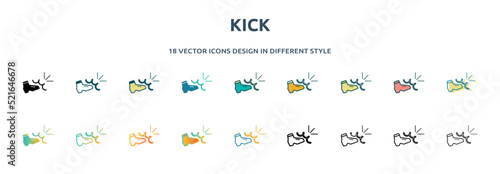 kick icon in 18 different styles such as thin line, thick line, two color, glyph, colorful, lineal color, detailed, stroke and gradient. set of kick vector for web, mobile, ui