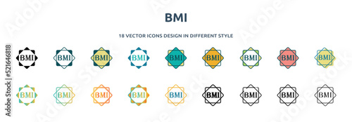 bmi icon in 18 different styles such as thin line, thick line, two color, glyph, colorful, lineal color, detailed, stroke and gradient. set of bmi vector for web, mobile, ui