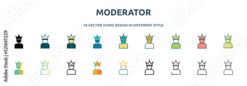 moderator icon in 18 different styles such as thin line, thick line, two color, glyph, colorful, lineal color, detailed, stroke and gradient. set of moderator vector for web, mobile, ui