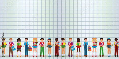 Back to school banner, friend and girlfriend, boy and girl in school uniform. seamless pattern. vector illustration	