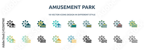 amusement park icon in 18 different styles such as thin line, thick line, two color, glyph, colorful, lineal color, detailed, stroke and gradient. set of amusement park vector for web, mobile, ui