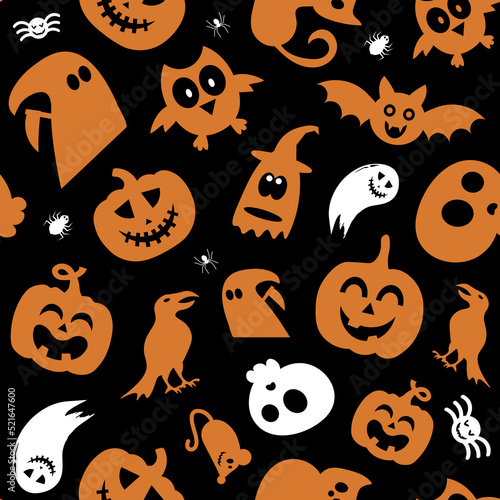 Seamless vector pattern for Halloween design. Halloween symbols: ghost, bat, pumpkin in cartoon style. Vector Illustration