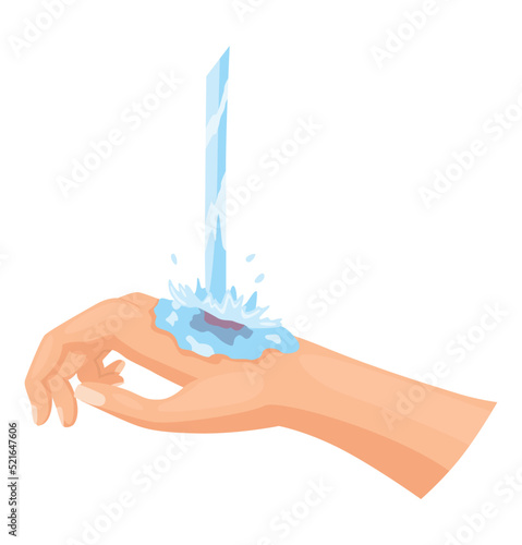 Hands injured skin and procedures of wound cleaning. First aid for wound. Medicine cure or treatment. First emergency help for human hand trauma