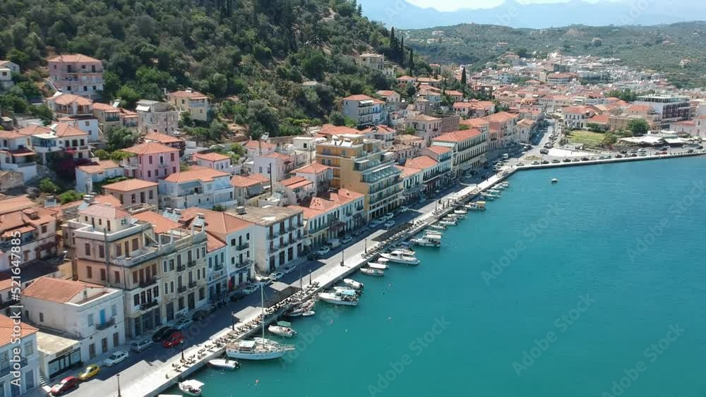 Aerial view over the picturesque seaside town of Gytheio, Lakonia, Peloponnese, Greece Aerial view over the picturesque seaside town of Gytheio, Lakonia, Peloponnese, Greece