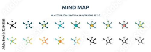 mind map icon in 18 different styles such as thin line, thick line, two color, glyph, colorful, lineal color, detailed, stroke and gradient. set of mind map vector for web, mobile, ui