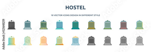 hostel icon in 18 different styles such as thin line, thick line, two color, glyph, colorful, lineal color, detailed, stroke and gradient. set of hostel vector for web, mobile, ui