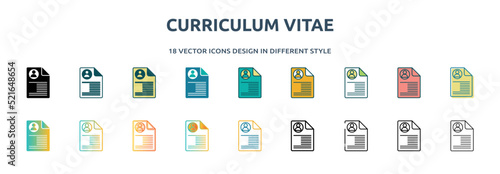 curriculum vitae icon in 18 different styles such as thin line, thick line, two color, glyph, colorful, lineal color, detailed, stroke and gradient. set of curriculum vitae vector for web, mobile,