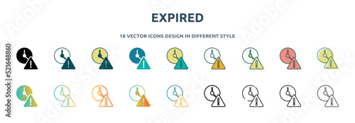 expired icon in 18 different styles such as thin line, thick line, two color, glyph, colorful, lineal color, detailed, stroke and gradient. set of expired vector for web, mobile, ui