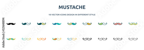 mustache icon in 18 different styles such as thin line, thick line, two color, glyph, colorful, lineal color, detailed, stroke and gradient. set of mustache vector for web, mobile, ui