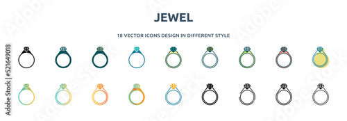 jewel icon in 18 different styles such as thin line, thick line, two color, glyph, colorful, lineal color, detailed, stroke and gradient. set of jewel vector for web, mobile, ui