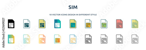sim icon in 18 different styles such as thin line, thick line, two color, glyph, colorful, lineal color, detailed, stroke and gradient. set of sim vector for web, mobile, ui