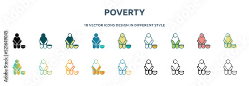 poverty icon in 18 different styles such as thin line, thick line, two color, glyph, colorful, lineal color, detailed, stroke and gradient. set of poverty vector for web, mobile, ui
