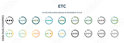 etc icon in 18 different styles such as thin line, thick line, two color, glyph, colorful, lineal color, detailed, stroke and gradient. set of etc vector for web, mobile, ui