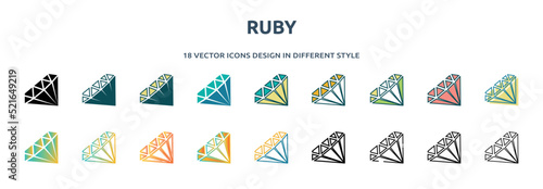 ruby icon in 18 different styles such as thin line, thick line, two color, glyph, colorful, lineal color, detailed, stroke and gradient. set of ruby vector for web, mobile, ui