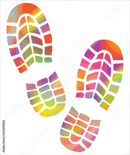 Vector illustration of sneaker prints in bright colors isolated on white. Rainbow colored tracks. Carbon footprint concept. Boot prints