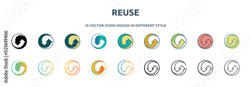 reuse icon in 18 different styles such as thin line, thick line, two color, glyph, colorful, lineal color, detailed, stroke and gradient. set of reuse vector for web, mobile, ui