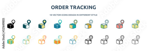 order tracking icon in 18 different styles such as thin line, thick line, two color, glyph, colorful, lineal color, detailed, stroke and gradient. set of order tracking vector for web, mobile, ui