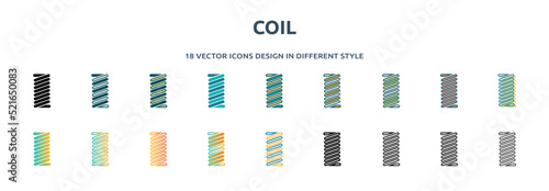 coil icon in 18 different styles such as thin line, thick line, two color, glyph, colorful, lineal color, detailed, stroke and gradient. set of coil vector for web, mobile, ui