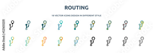 routing icon in 18 different styles such as thin line, thick line, two color, glyph, colorful, lineal color, detailed, stroke and gradient. set of routing vector for web, mobile, ui