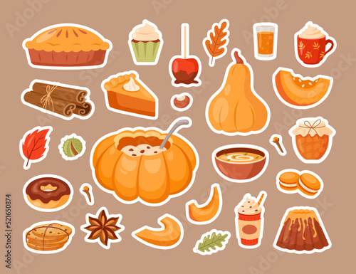 Pumpkin dish stickers. Vector set of dishes with fresh ripe pumpkin, jam jar, fruitcake, soup, latte with cinnamon. Traditional autumn Thanksgiving food. Autumn set for halloween invitation, harvest