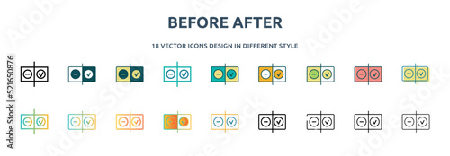 before after icon in 18 different styles such as thin line, thick line, two color, glyph, colorful, lineal color, detailed, stroke and gradient. set of before after vector for web, mobile, ui