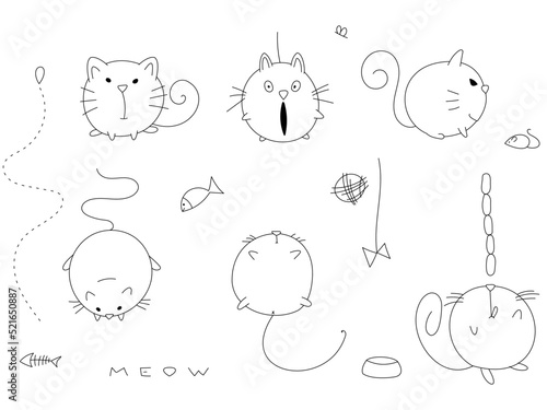Vector linear cats in a round shape. Fed up abstract cats. Sits, surprised, catches a mouse, lies