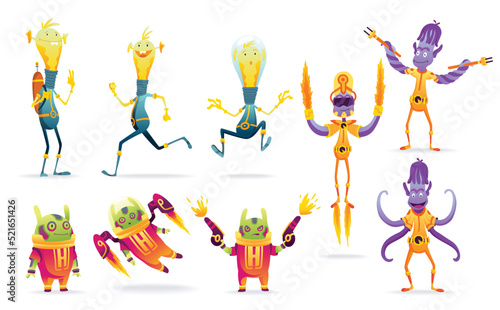 Cartoon aliens. Robot toys characters set. Collection of androids isolated on white background. Funny monsters for kids monstrosity in space suits