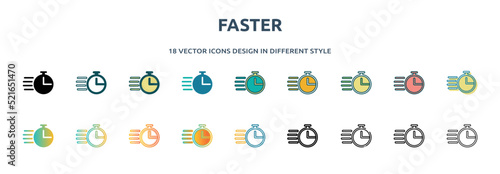 faster icon in 18 different styles such as thin line, thick line, two color, glyph, colorful, lineal color, detailed, stroke and gradient. set of faster vector for web, mobile, ui