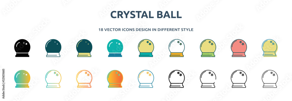 crystal ball icon in 18 different styles such as thin line, thick line ...
