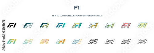 f1 icon in 18 different styles such as thin line, thick line, two color, glyph, colorful, lineal color, detailed, stroke and gradient. set of f1 vector for web, mobile, ui