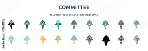 committee icon in 18 different styles such as thin line, thick line, two color, glyph, colorful, lineal color, detailed, stroke and gradient. set of committee vector for web, mobile, ui