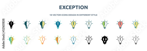 exception icon in 18 different styles such as thin line, thick line, two color, glyph, colorful, lineal color, detailed, stroke and gradient. set of exception vector for web, mobile, ui