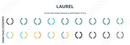 laurel icon in 18 different styles such as thin line, thick line, two color, glyph, colorful, lineal color, detailed, stroke and gradient. set of laurel vector for web, mobile, ui